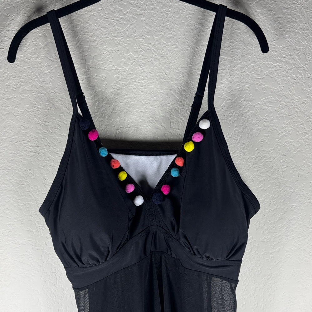 Black Mesh Tankini Tunic with Multicolor Pom-Poms - Picture 2 of 5